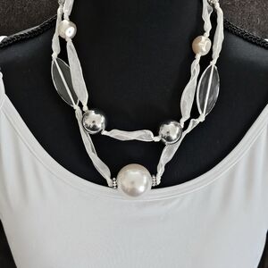 VTG 2-Strand White Organza Ribbon with Faux Pearls  Glass & Beads 20"L Necklace